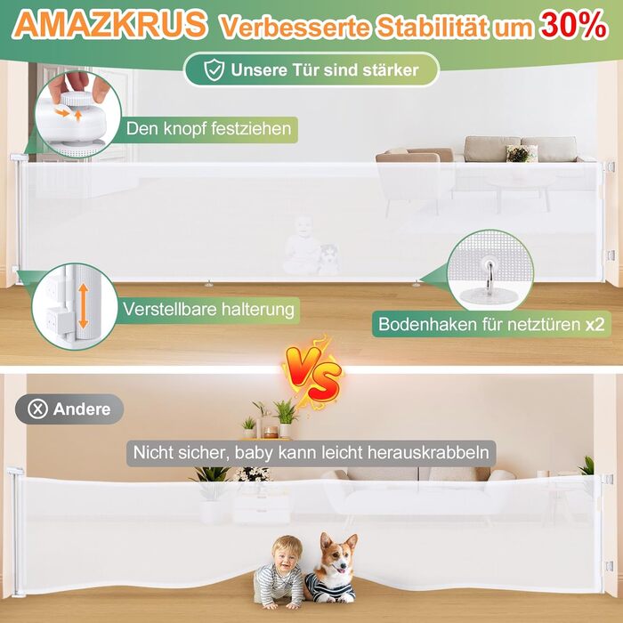 Розсувна захисна сітка для дитини та собаки, 400 см, біла. Захист для сходів/коридору/інтер'єру/екстер'єру. Висота 105 см, ширина 300 см.