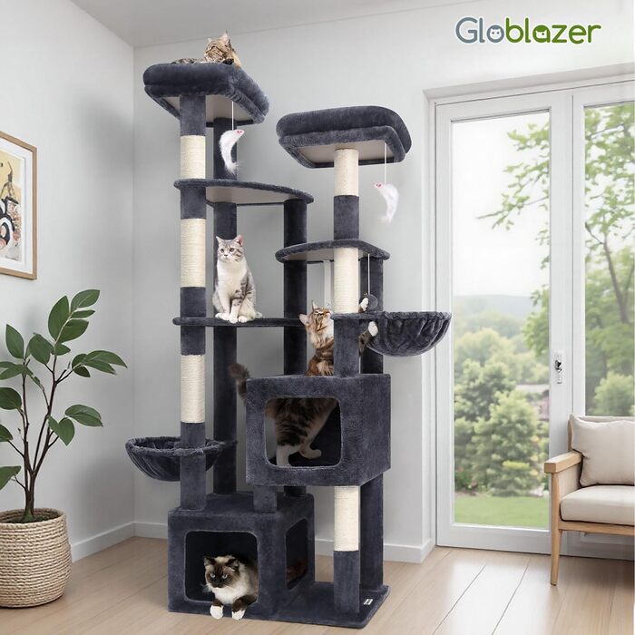 Драбина для котів Globlazer XXL (189 см) з великою печерею та платформами, 2 лежаками, 2 кошиками, стабільна конструкція, темно-сірий
