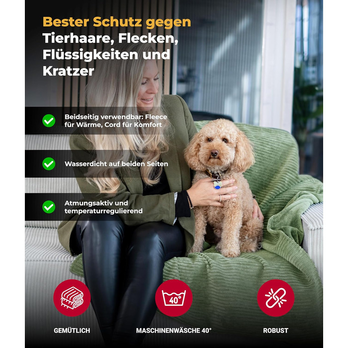 Водонепроникний плед для собак та котів на диван – захист від плям – дихаючий та пральний – Made in Germany (зелений, 95x135 см)