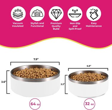Glow Pups Біла миска для собак, подвійні стінки, ізольована, нековзна, 1,8 л, нержавіюча сталь