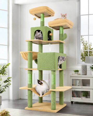 Драбина для котів Globlazer Kaktus XXL, 195 см: 2 будиночки, 2 стійки, гамак, кошик. Стабільна, для дорослих котів.