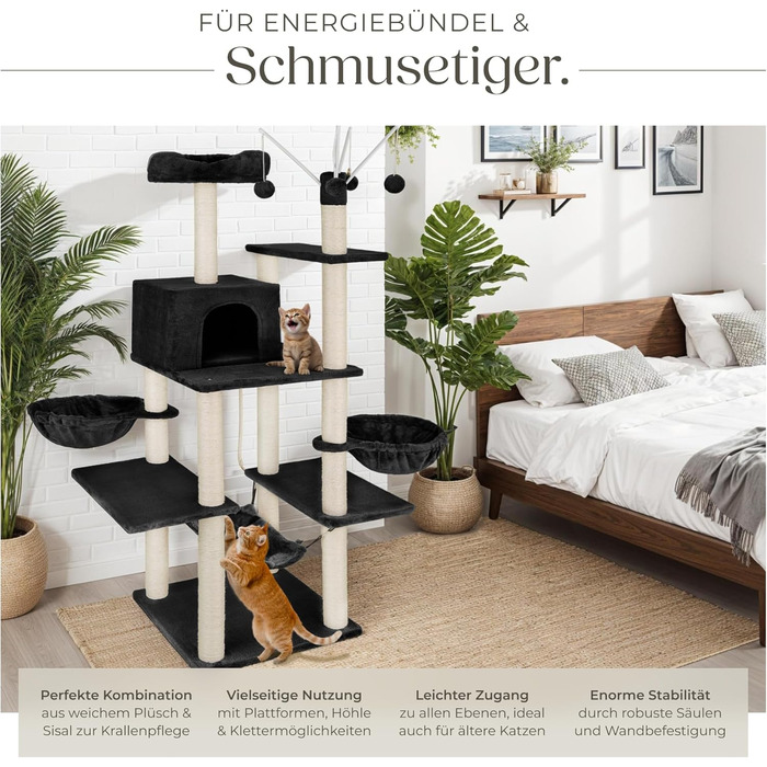 Дерево для котів tectake® XXL, велике, з аксесуарами: лежанки, гамак, будиночок, іграшки, мотузка, стійка для дряпання, висота 165 см, чорний