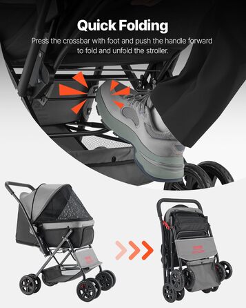 Візок для собак VEVOR, до 20 кг, складаний, 4-колісний, з сітковими віконцями та змінним ручками, з гальмом, для маленьких та середніх тварин