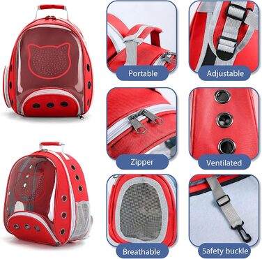 Рюкзак для котів та маленьких собак PETCUTE, дихаючий, знімний килимок, до 6 кг, з прозорим вікном, для подорожей (темно-червоний)