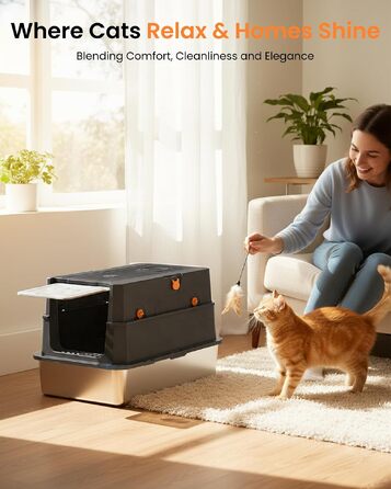 Сталевий закритий лоток для котів XXL з кришкою та совком, металевий туалет для котів з високими бортиками, герметичний та легкий у догляді (Чорний, 58x38x38см)