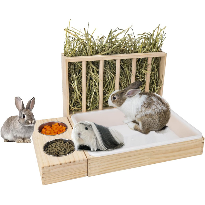 Диспенсер для сіна BESNEW 3-в-1 з туалетом для котів, годівниця для кроликів, морських свинок, шиншил, з 2 мисками, великий базовий