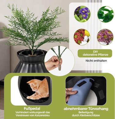 Електричний лоток для котів FANTASK, 50x50x59 см, з системою видалення запаху, стилізований під квітковий горщик з штучною рослиною та камінням, чорний котячий туалет