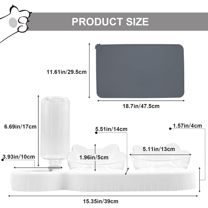 Набір мисок для котів та собак 2 в 1 з диспенсером для води, ковзаючою підкладкою та лопаткою. Нахил 15°, миски для сухого та вологого корму, білий колір