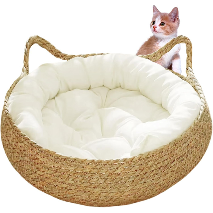 Кігтеточка-ліжко для котів з соломи та м'яким подушкою, 43 см, зручне ліжко для кошенят, ліжко для котів + біле подушко + об'ємні подушки
