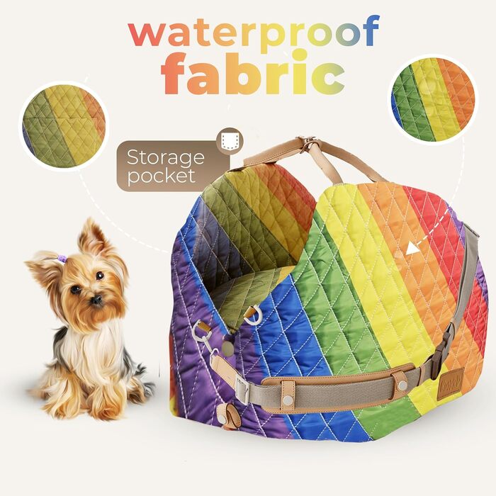 Автокрісло для собак - 3 в 1: сумка для подорожей, бустер та ліжко для автомобіля. Зручне, миється, з неслизькими ременями безпеки. Підходить для передніх та задніх сидінь. Для маленьких собак (радужний колір)
