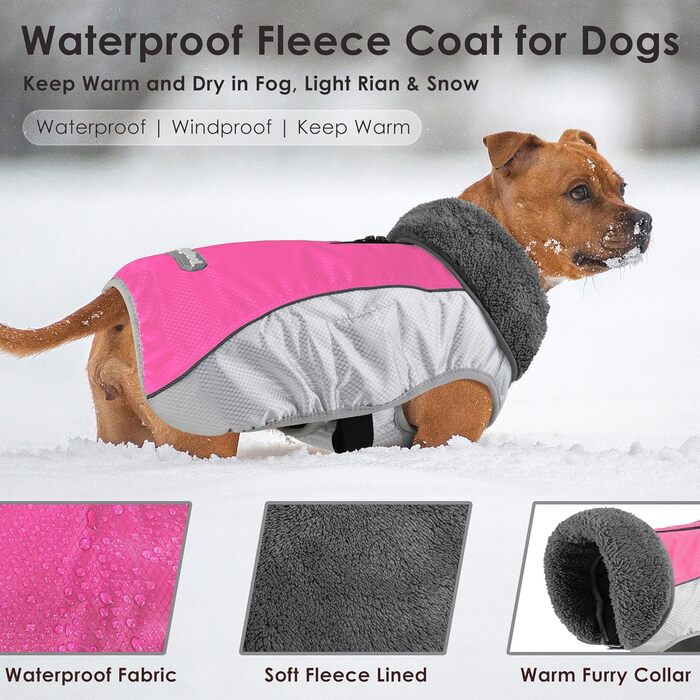 Зимовий одяг для собак, тепла куртка з світловідбиваючими смугами, водонепроникний пуловер на Різдво з отвором для шлейки, тепла жилетка для собак малих, середніх та великих порід (Рожевий, M)