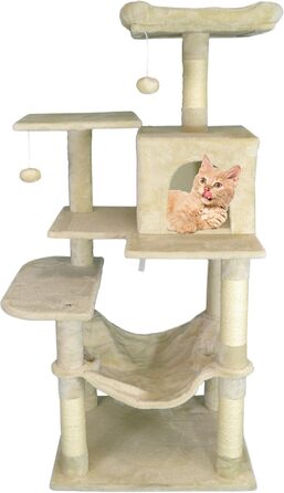 Кігтеточка-будиночок для котів DEFACTO, 143 см, з 4 кігтеточками, 2 платформами, гамаком (BEIGE)