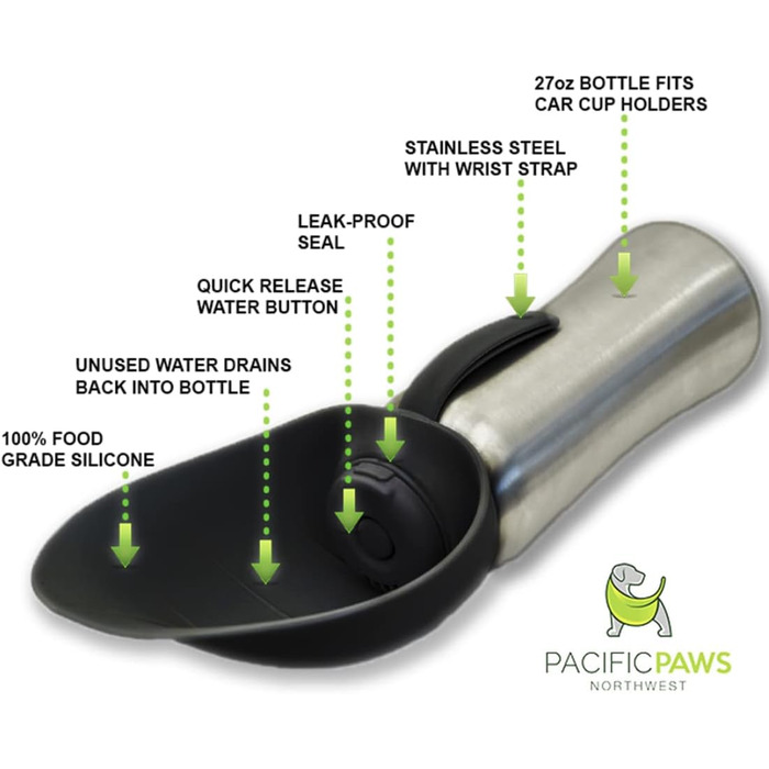 Pacific Paws Поїлка для собак Northwest - переносний диспенсер води, сталева пляшка, силіконовий миска у формі листка, 765 мл, чорний
