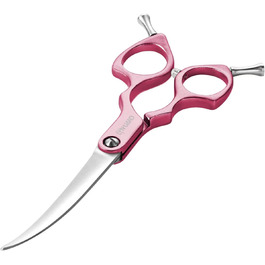 Професійна вигнута коса для грумінгу собак 16,5 см, 440C, нержавіюча сталь, з ручкою з алюмінію (рожева, вигнута)