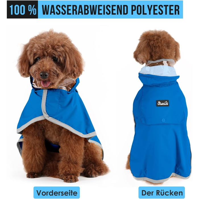 Водонепроникний дощовик для собак Eyein, дощовик для маленьких собак з капюшоном та м'якою підкладкою, регульована куртка для собак з світловідбиваючими смугами, вітронепроникний та легкий (XXL, Синій)