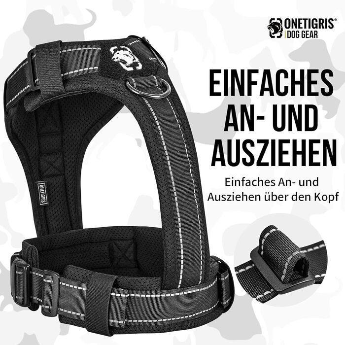 Шлейка для собак OneTigris Diesel, тактична, чорна, розмір L, м'яка підкладка, з ручкою та 3 D-кільцями, для середніх та великих собак