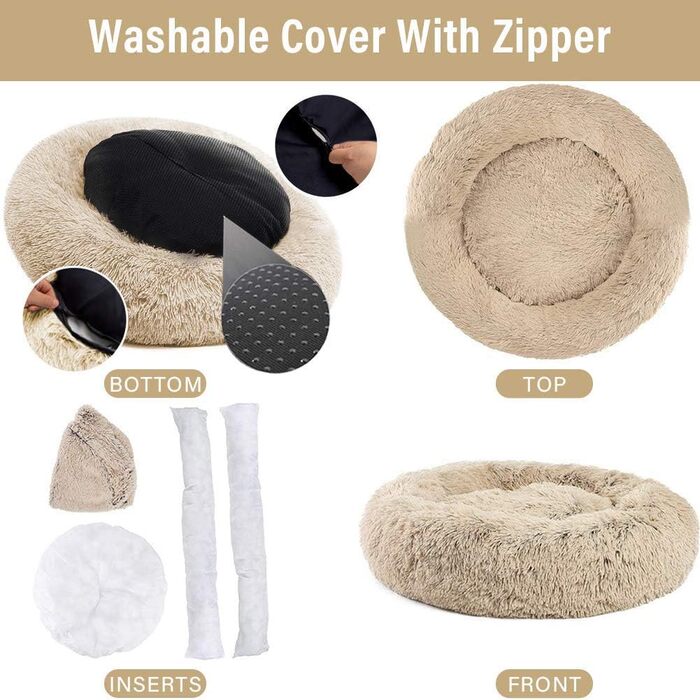 Розкішне собаче ліжко з піднятим бортиком, подушка для домашніх тварин знімним чохлом, миється, для собак маленьких, середніх та великих порід, розмір L, (S-50см, бежевий)