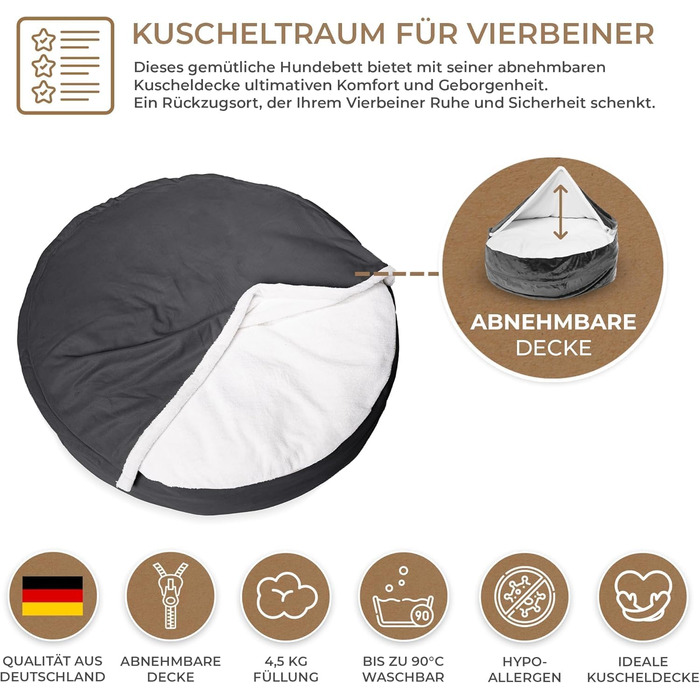 М'яке ліжко для собак Lous®, лежанка-печеринка, для великих і маленьких собак та котів, знімний коврик, бежевий колір (72 см)