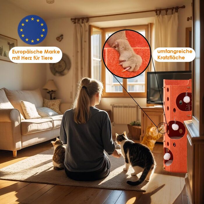 Сучасний котячий комплекс з 4 ярусами та 3 будиночками для котів, фетр, стійка альтернатива котячого будиночка з іграшкою, тихий та компактний (90 см) (Оранжевий, 35 x 35 x 90 см)