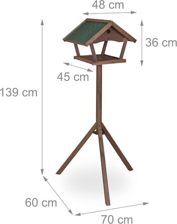 Дерев'яна годівниця для птахів Relaxdays з підставкою, 139x70x60 см, коричнева/зелена, для диких птахів, з водонепроникним дахом