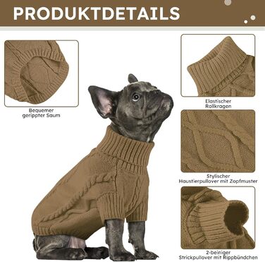 Теплий в'язаний пуловер для собак середніх порід Queenmore (для такс, французького бульдога, чихуахуа, коргі), коричневий, розмір M