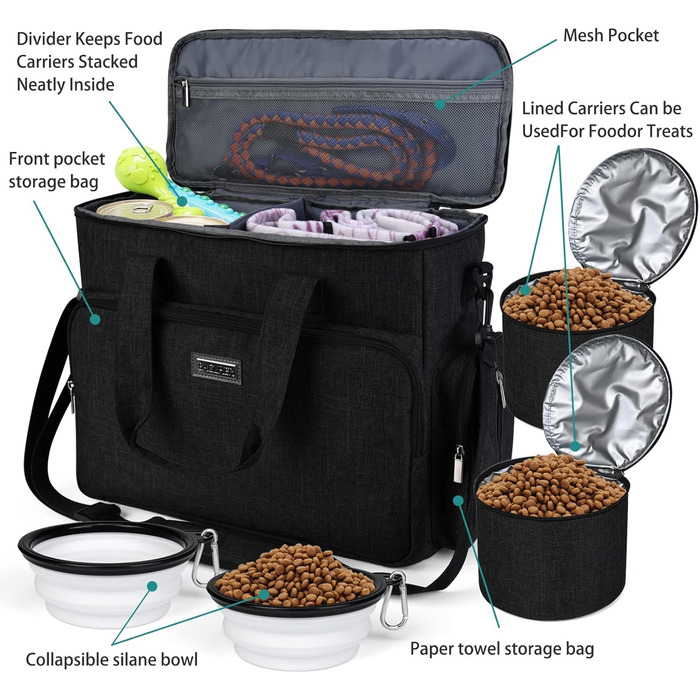 Чемодан для собак Vioett (L, Чорний) з набором аксесуарів для подорожей