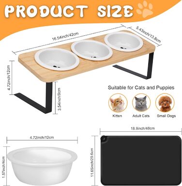 Набір мисок для котів BBWELL Ceramic: 3 шт. з кераміки, похил 15°, антиковзний бамбук, для котів та маленьких собак