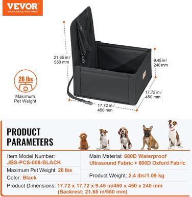 Автокрісло для собак VEVOR: підняття, безпечна мотузка, бавовняна підкладка, до 12 кг (Чорний)