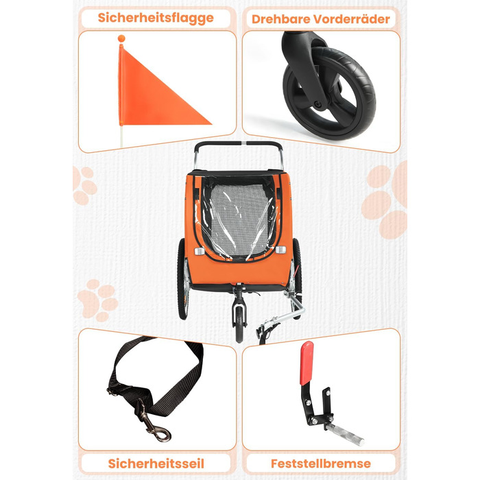 SEPNINE® Причіп для собак XL 2-в-1, велосипедний та візок для собак до 40 кг, складний з гальмами та з'єднувачем для середніх та великих собак - Синій (Помаранчевий)