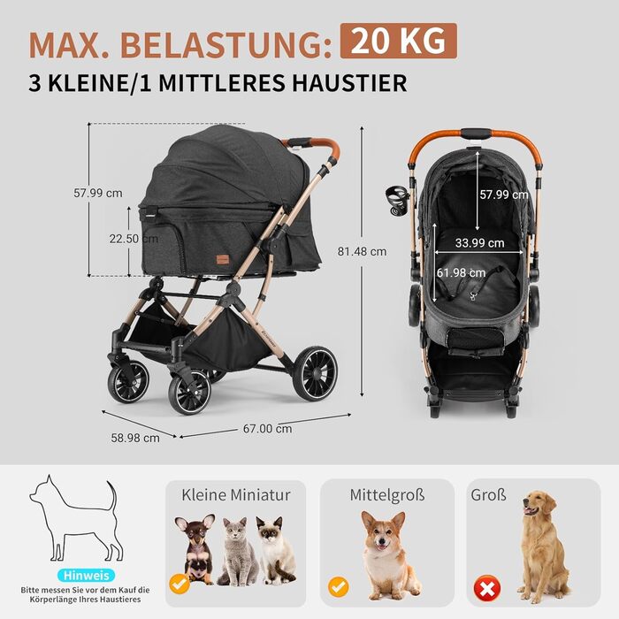 Візок для собак EchoSmile, складний, до 20 кг, для маленьких та середніх собак та котів, з поворотним ручкою, амортизацією та знімним чохлом (чорний)