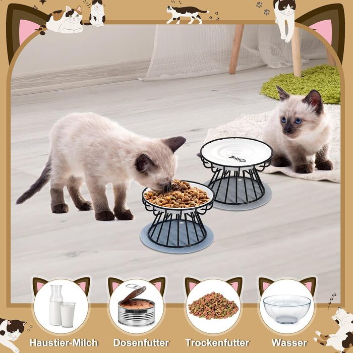 Набір мисок для котів з кераміки з металевим підставкою (2 шт.) - підняті миски для годування котів, неслизькі миски, сучасний дизайн