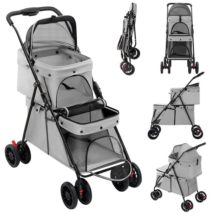 Візок для собак Homewell 2 в 1, сірий, 67x50x95 см: двоярусний, з підсклянниками, складний, з гальмом