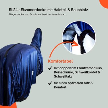Екземерна ковдра для коней з нашолобником та захистом живота – ковдра від комах з дрібною сіткою, подвійний фронтальний замок та підв'язки для ніг – ковдра для коней для активного відпочинку у нічному блакитному кольорі – 125 см, нічний блакитний 125 см