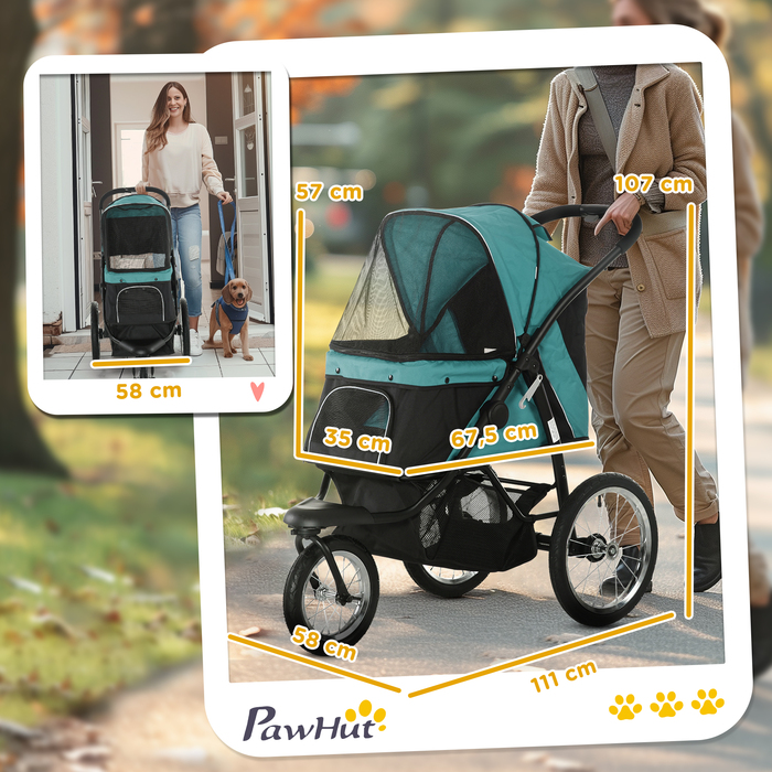 Коляска для собак PawHut Dog Buggy складна для собак і кішок до 20 кг Баггі для кішок з всюдихідними гумовими колесами Подушки Сітчасті вікна Двері Котяча коляска з кошиком для зберігання Баггі Темно-зелений | Аосом