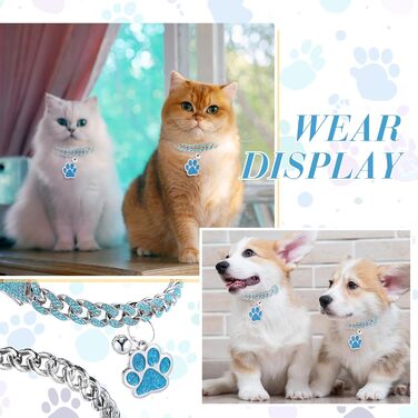 Нашийник для кота Hillban з діамантовою імітацією, блискучий, металевий з безпечною застібкою, з підвіскою у вигляді лапки та ID-місцем, з дзвіночком, сріблястого кольору, морської хвилі (20.3 см, 8 дюймів)