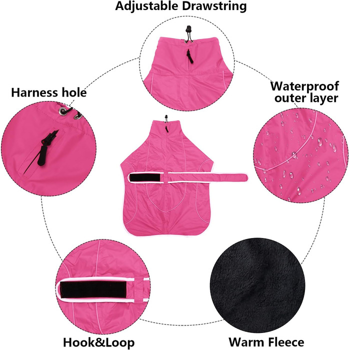 MOREZI Зимовий теплий одяг для собак, куртка для Віппета з флісовою підкладкою, водонепроникна куртка для собак з регульованими ремінцями та світловідбиваючими елементами - Розмір L (довжина спини 61-64 см), Рожевий