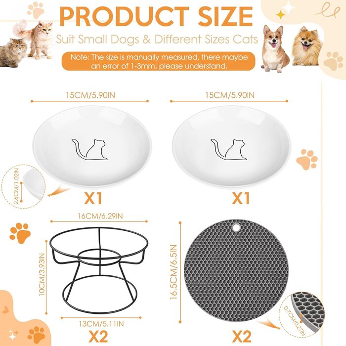 Набір мисок для котів FoiiLiio 2 шт. з кераміки з металевим підставкою, 10 см, з підставкою з силікону, чорний