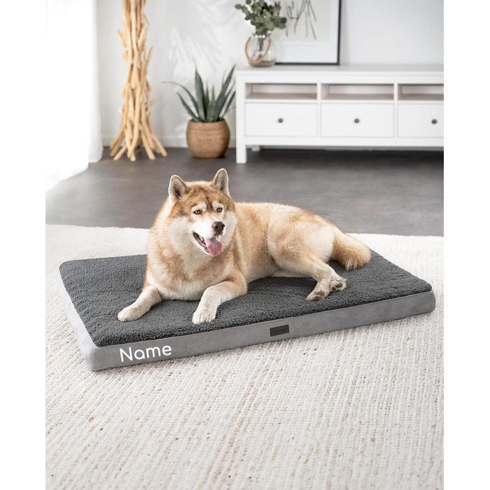 Ортопедичне ліжко для собак Lionto, 112x81x8 см, з м'яким плюшем, знімний та пральний чохол, водовідштовхувальне, для собак та котів, сіре (з нанесенням імені)