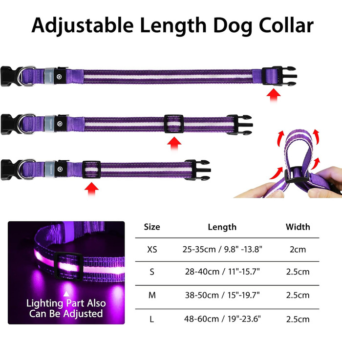 Світловідбиваючий нашийник для собак Masbrill з LED підсвічуванням, водонепроникний, 3 режими освітлення, фіолетовий