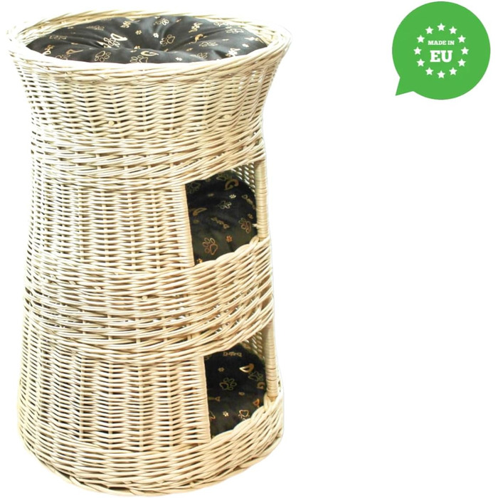 Кігтеточка-ліжко для котів: кругла хатинка з ротангу, триповерхове ліжко для собак та котів, колір білий (з коричневими та золотими подушками)