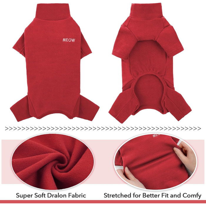 Піжама для котів після операції, боді для відновлення після операції, анти-слинящий, з довгим рукавом, 4 ноги (червоний, M)