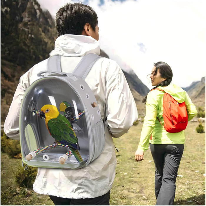 Рюкзак для птахів PETCUTE з дерев'яною жердкою: переноска, транспортна сумка для папуг, сіра
