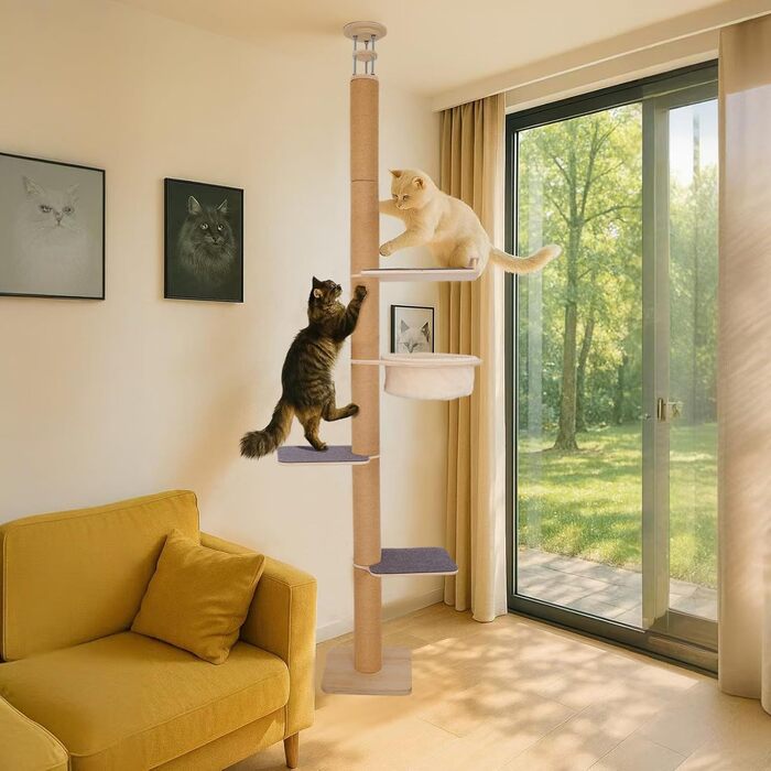 Кліматичний комплекс для котів 4-ярусний з аксесуарами, регульована висота (152,4–289,6 см), плюшеві стійки та великий гамак