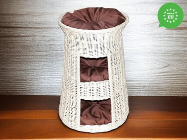 Кігтеточка-ліжко для котів: кругла хатинка з ротанга, триярусне ліжко для собак та котів, колір - білий, з коричневою подушкою