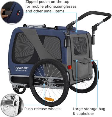 DOGGYHUT® Преміум великий велосипедний причіп для собак 2 в 1 / візок-бігун для собак / причіп для собак великий, 270 літрів, для собак середніх та великих порід до 35 кг, зелений/чорний (синій/чорний)