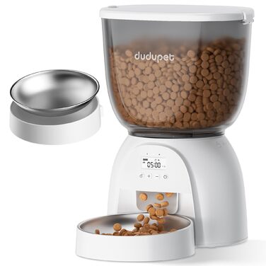 Автомат для годування котів, інтелектуальний диспенсер корму для котів та собак, просте керування, 1-6 прийомів їжі на день, подвійне живлення, 5л (білий сріблястий)