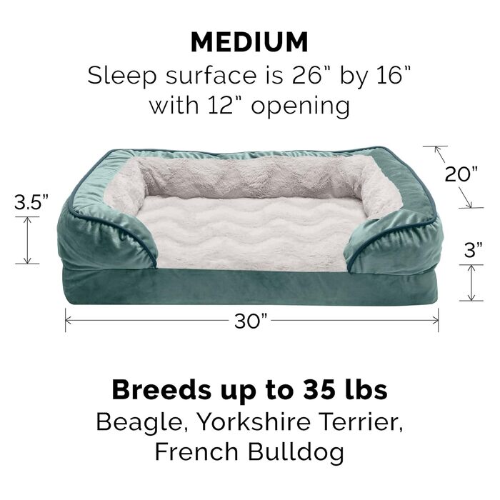 Охолоджуване ліжко для собак Furhaven з гелевим наповнювачем, середнього та малого розміру, з знімними валиками для шиї та знімним чохлом, для собак до 15,9 кг – плюшеві та оксамитові хвилі, ідеальне комфортне ліжко-софа, колір Селадоновий, розмір L 76 x 