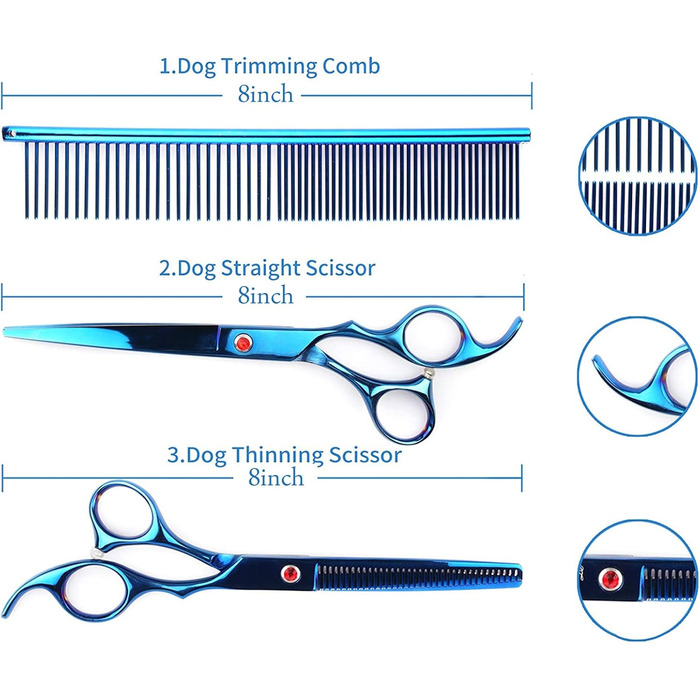 Набір професійних ножиць для грумінгу собак, ножиці для шерсті, ножиці для стрижки нігтів собак та котів (титан-покриття, нержавіюча сталь, 20.3 см)
