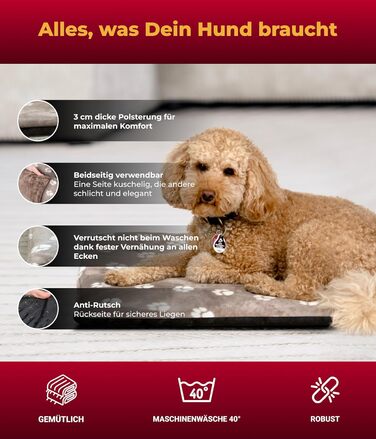 Лежанка для собак HS-Hundebett® XS (45x65 см) – неслизька та затишна, з наповнювачем 3 см – ідеальна для дивану, авто та переноски – Made in DE (65 x 95 см, Tatze Beige)
