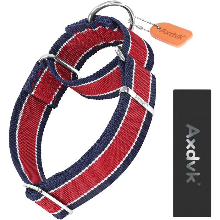 Нашийник для собак Martingale, 4 см, міцний нейлон 1600D, анти-вислизання, з трикольоровими смугами, для собак середніх та великих порід (M), сіро-блакитний & чорний, розмір 43-64 см